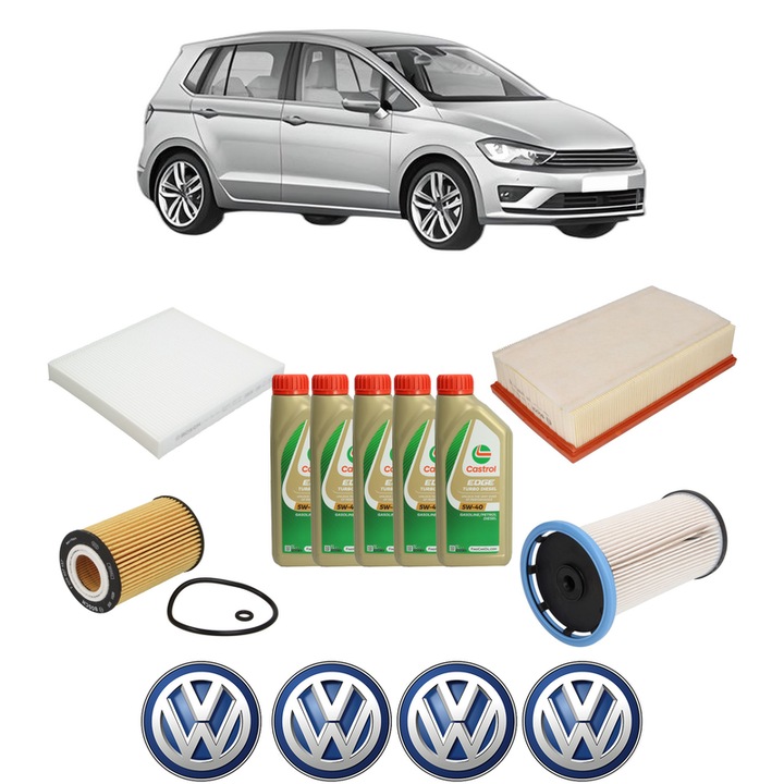 Pachet filtre revizie Bosch, 5 litri ulei Castrol 5W40 Volkswagen GOLF SPORTSVAN VII (AM1, AN1) 2.0 TDI din 2014-2017, 4x Stickere auto cu Volkswagen