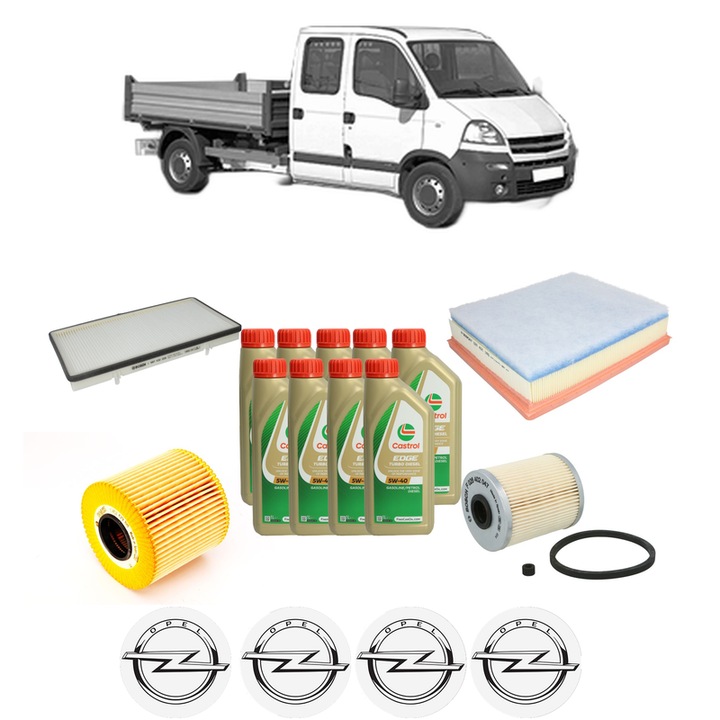 Pachet filtre revizie Bosch, 9 litrii ulei Castrol 5W40 OPEL MOVANO A Platform/Chassis (X70) 2.5 DTI (ED, HD, UD0, UD4) din 2001, 4x Stickere auto cu OPEL