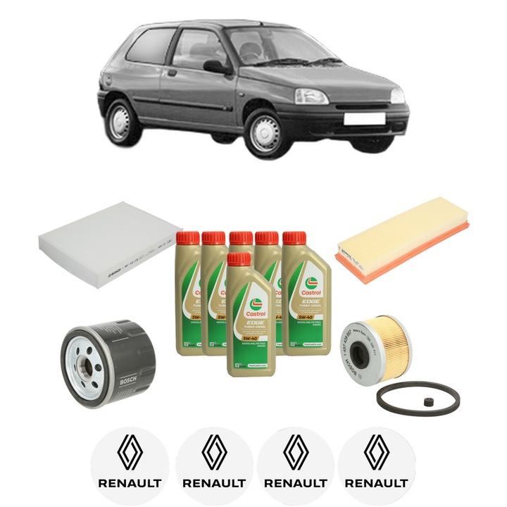 Pachet filtre revizie Bosch, 6 litrii ulei Castrol 5W40 RENAULT CLIO II Hatchback Van (SB0/1/2_) 1.9 DTi (SB0U) din 2000-2001, 4x Stickere auto cu RENAULT