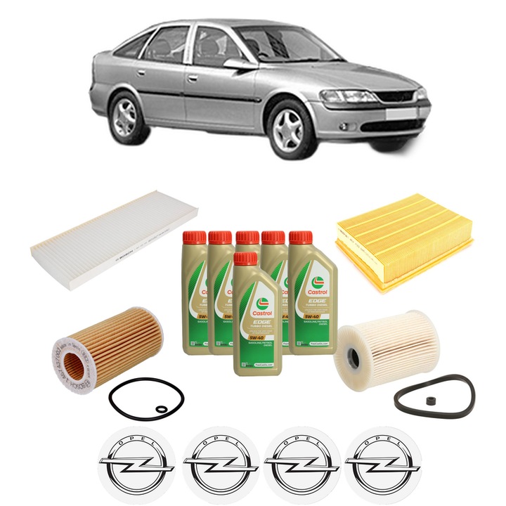 Pachet filtre revizie Bosch, 6 litrii ulei Castrol 5W40 OPEL VECTRA B Hatchback (J96) 2.2 DTI 16V (F68) din 2000-2002, 4x Stickere auto cu OPEL