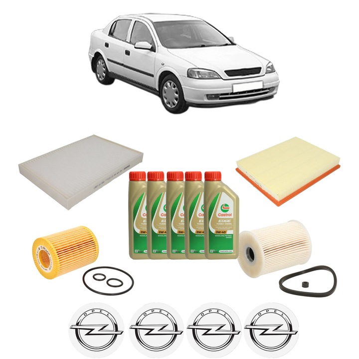 Pachet filtre revizie Bosch, 5 litrii ulei Castrol 5W40 OPEL ASTRA G Saloon (T98) 1.7 DTI 16V (F69) din 2000-2005, 4x Stickere auto cu OPEL