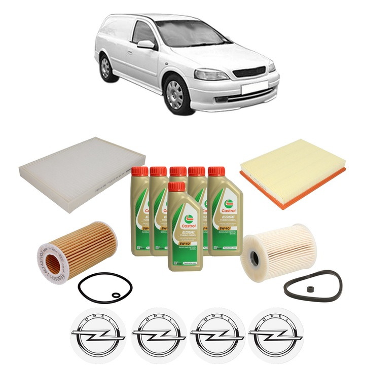 Pachet filtre revizie Bosch, 6 litrii ulei Castrol 5W40 OPEL ASTRA G Estate Van (F70) 2.0 DTI (F70) din 2000-2005, 4x Stickere auto cu OPEL
