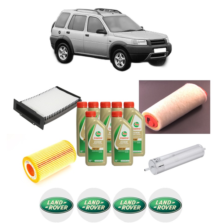 Pachet filtre revizie Bosch, 7 litri ulei Castrol 5W40 LAND ROVER FREELANDER I (L314) 2.0 Td4 4x4 din 2000-2006, 4x Stickere auto cu LAND ROVER