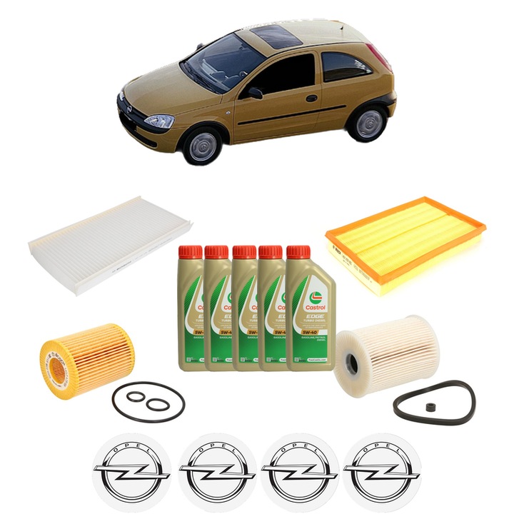 Pachet filtre revizie Bosch, 5 litrii ulei Castrol 5W40 OPEL CORSA C (X01) 1.7 DTI (F08, F68) din 2000-2009, 4x Stickere auto cu OPEL