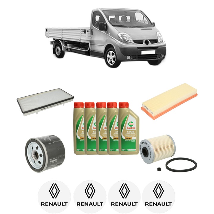 Pachet filtre revizie Bosch, 5 litrii ulei Castrol 5W40 RENAULT TRAFIC II Platform/Chassis (EL) 1.9 dCi 80 (EL0B) din 2001-2006, 4x Stickere auto cu RENAULT