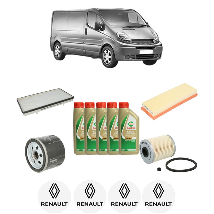 Pachet filtre revizie Bosch, 5 litrii ulei Castrol 5W40 RENAULT TRAFIC II Van (FL) 1.9 dCi (FL0B) din 2001-2003, 4x Stickere auto cu RENAULT