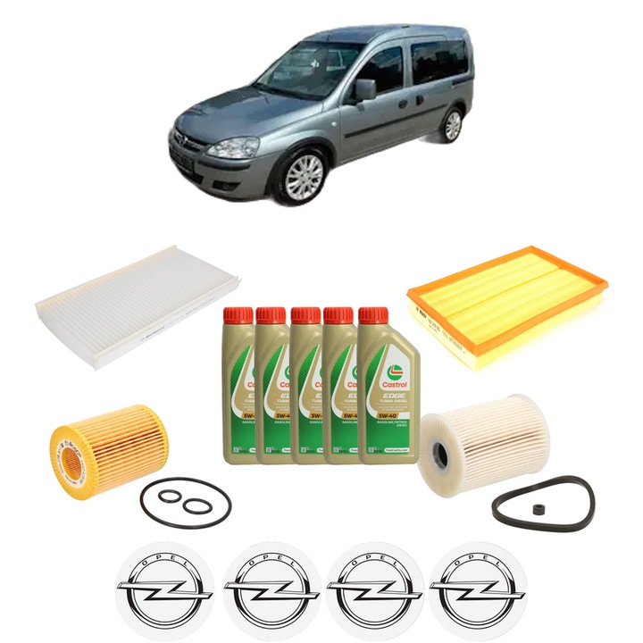 Pachet filtre revizie Bosch, 5 litrii ulei Castrol 5W40 OPEL COMBO Tour 1.7 CDTI 16V din 2004-2011, 4x Stickere auto cu OPEL