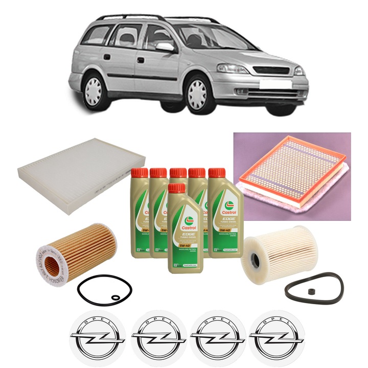 Pachet filtre revizie Bosch, 6 litrii ulei Castrol 5W40 OPEL ASTRA G Estate (T98) 2.2 DTI (F35) din 2002-2004, 4x Stickere auto cu OPEL