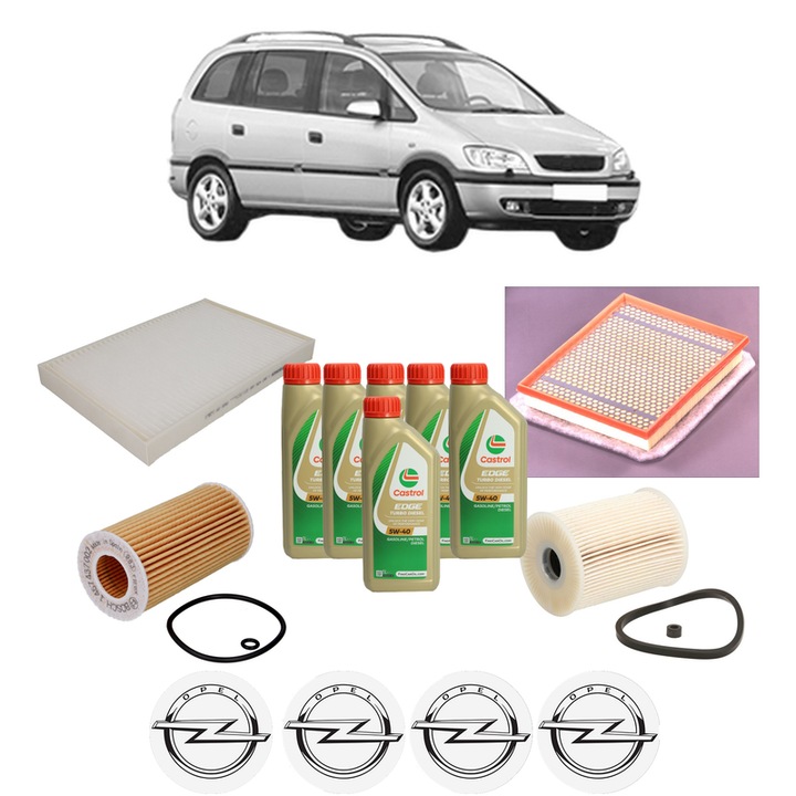 Pachet filtre revizie Bosch, 6 litrii ulei Castrol 5W40 OPEL ZAFIRA A MPV (T98) 2.2 DTI 16V (F75) din 2002-2005, 4x Stickere auto cu OPEL