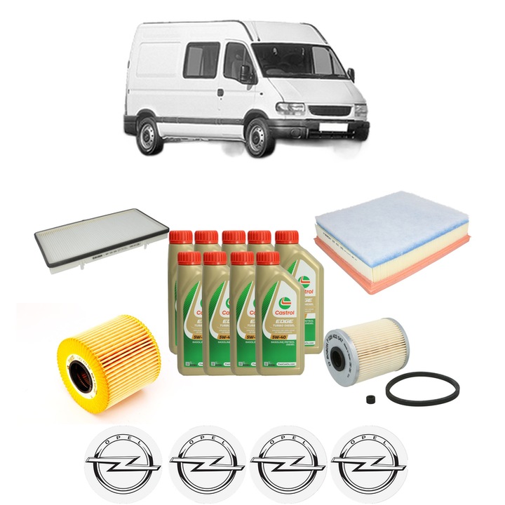 Pachet filtre revizie Bosch, 9 litrii ulei Castrol 5W40 OPEL MOVANO A Van (X70) 2.5 DTI (FD) din 2001, 4x Stickere auto cu OPEL