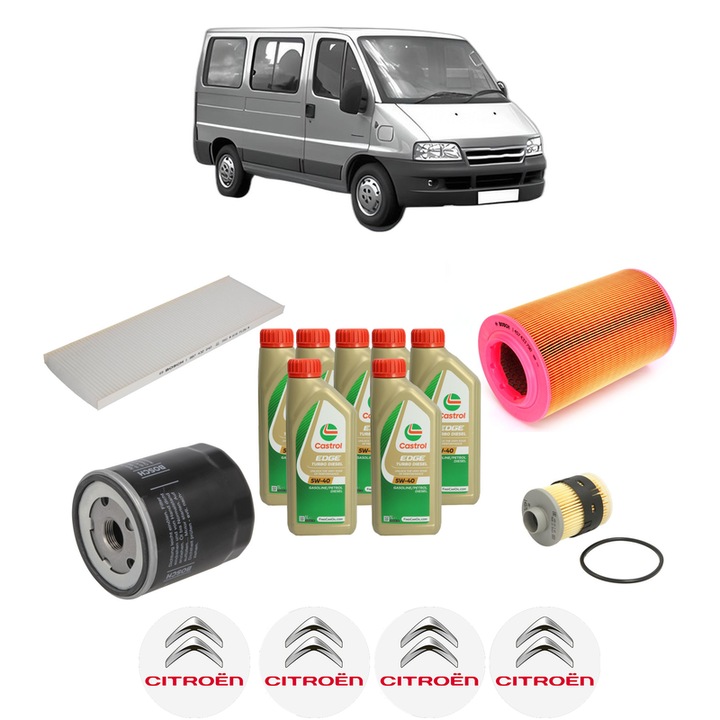 Pachet filtre revizie Bosch, 7 litrii ulei Castrol 5W40 CITROEN JUMPER I Bus (244, Z_) 2.0 HDi din 2002-2006, 4x Stickere auto cu CITROEN