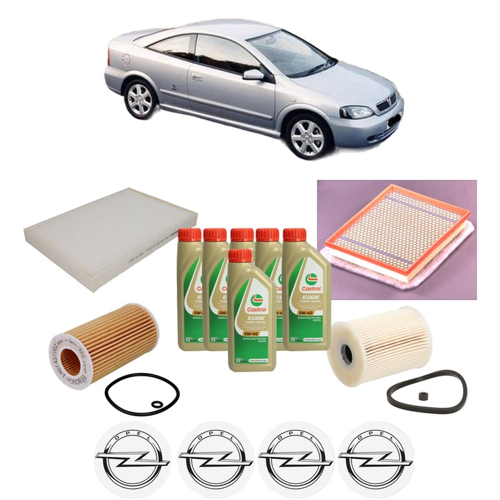 Pachet filtre revizie Bosch, 6 litrii ulei Castrol 5W40 OPEL ASTRA G Coupe (T98) 2.2 DTI (F07) din 2002-2005, 4x Stickere auto cu OPEL