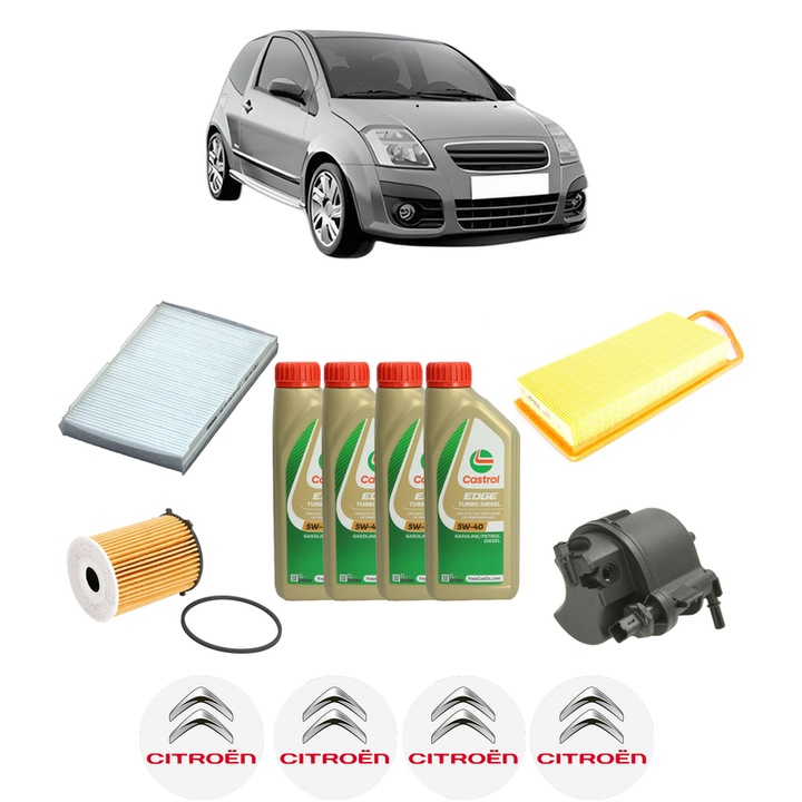 Pachet filtre revizie Bosch, 4 litrii ulei Castrol 5W40 CITROEN C2 (JM_) 1.4 HDi din 2003-2005, 4x Stickere auto cu CITROEN