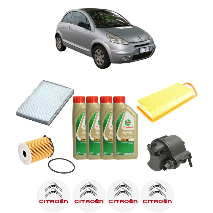 Pachet filtre revizie Bosch, 4 litrii ulei Castrol 5W40 CITROEN C3 Pluriel (HB_) 1.4 HDi din 2004, 4x Stickere auto cu CITROEN