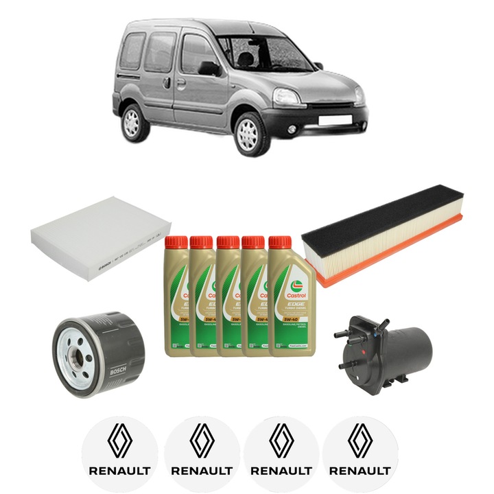 Pachet filtre revizie Bosch, 5 litrii ulei Castrol 5W40 RENAULT KANGOO (KC0/1_) 1.5 dCi din 2005, 4x Stickere auto cu RENAULT