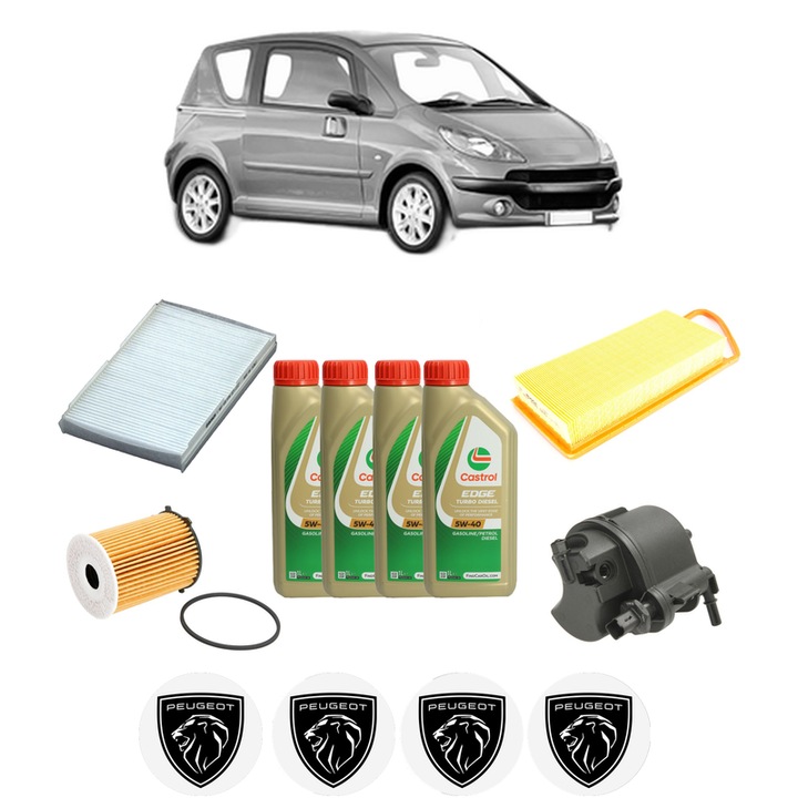 Pachet filtre revizie Bosch, 4 litrii ulei Castrol 5W40 PEUGEOT 1007 (KM_) 1.4 HDi din 2005, 4x Stickere auto cu PEUGEOT