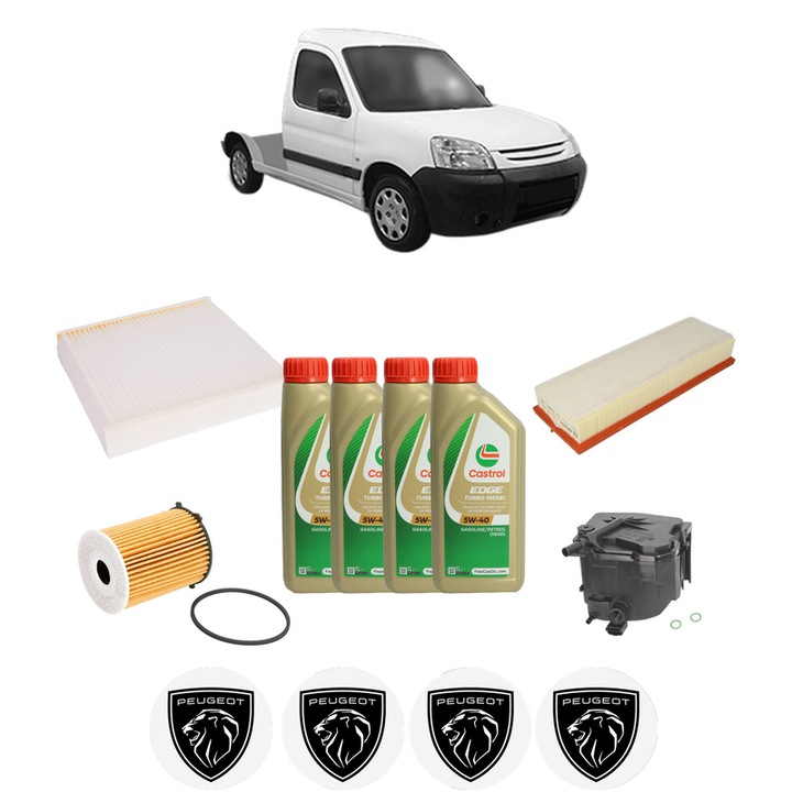Pachet filtre revizie Bosch, 4 litrii ulei Castrol 5W40 PEUGEOT PARTNER Platform/Chassis (5_, G_) 1.6 HDi 75 din 2006-2008, 4x Stickere auto cu PEUGEOT
