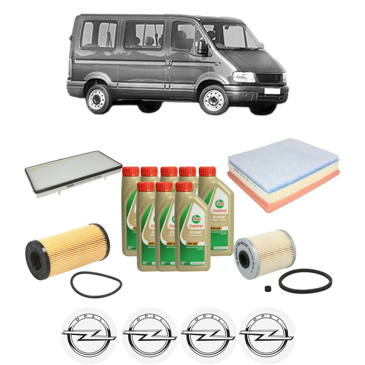 Pachet filtre revizie Bosch, 8 litrii ulei Castrol 5W40 OPEL MOVANO A Bus (X70) 2.5 CDTI (JD) din 2007, 4x Stickere auto cu OPEL