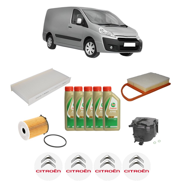 Pachet filtre revizie Bosch, 5 litrii ulei Castrol 5W40 CITROEN JUMPY II Van 1.6 HDi 90 8V din 2007-2016, 4x Stickere auto cu CITROEN