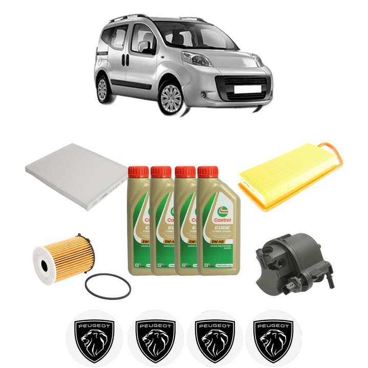 Pachet filtre revizie Bosch, 4 litrii ulei Castrol 5W40 PEUGEOT BIPPER TEPEE 1.4 HDi din 2008, 4x Stickere auto cu PEUGEOT