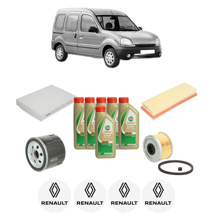 Pachet filtre revizie Bosch, 6 litrii ulei Castrol 5W40 RENAULT KANGOO (KC0/1_) 1.9 dCi 4x4 (KC0V) din 2001, 4x Stickere auto cu RENAULT