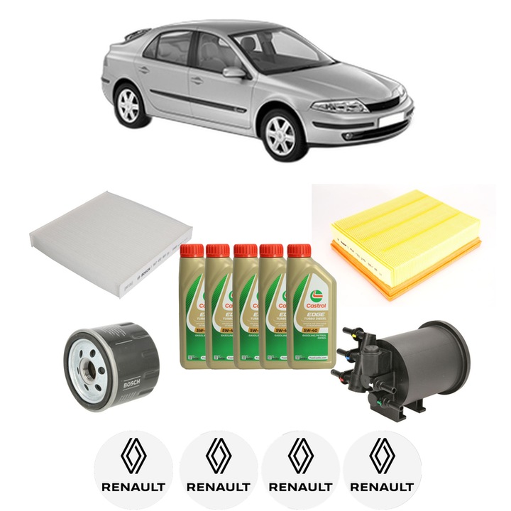 Pachet filtre revizie Bosch, 5 litrii ulei Castrol 5W40 RENAULT LAGUNA II (BG0/1_) 1.9 dCI (BG0E) din 2001-2005, 4x Stickere auto cu RENAULT