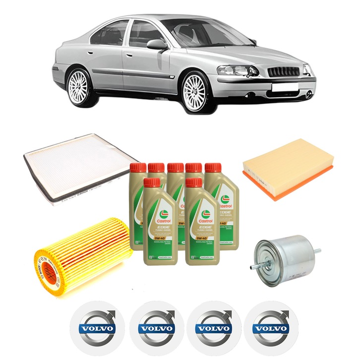 Pachet filtre revizie Bosch, 7 litrii ulei Castrol 5W40 VOLVO S60 I (384) D5 din 2001-2010, 4x Stickere auto cu VOLVO