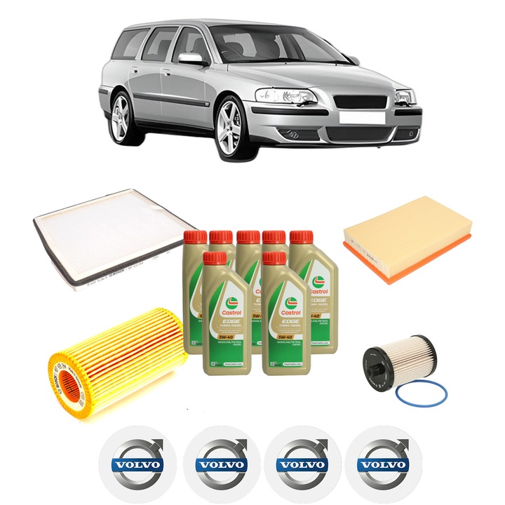 Pachet filtre revizie Bosch, 7 litrii ulei Castrol 5W40 VOLVO V70 II (285) D5 AWD din 2002-2007, 4x Stickere auto cu VOLVO