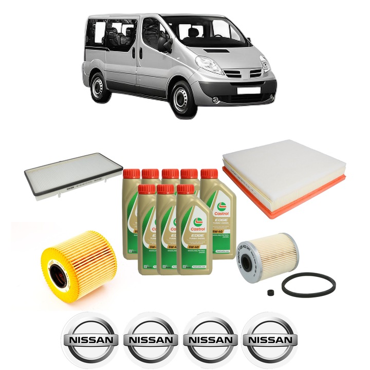 Pachet filtre revizie Bosch, 8 litrii ulei Castrol 5W40 NISSAN PRIMASTAR Bus (X83) dCi 140 din 2003, 4x Stickere auto cu NISSAN
