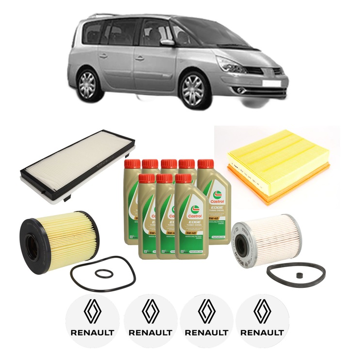 Pachet filtre revizie Bosch, 8 litrii ulei Castrol 5W40 RENAULT ESPACE IV (JK0/1_) 3.0 dCi (JK0E, JK0Y) din 2006-2015, 4x Stickere auto cu RENAULT