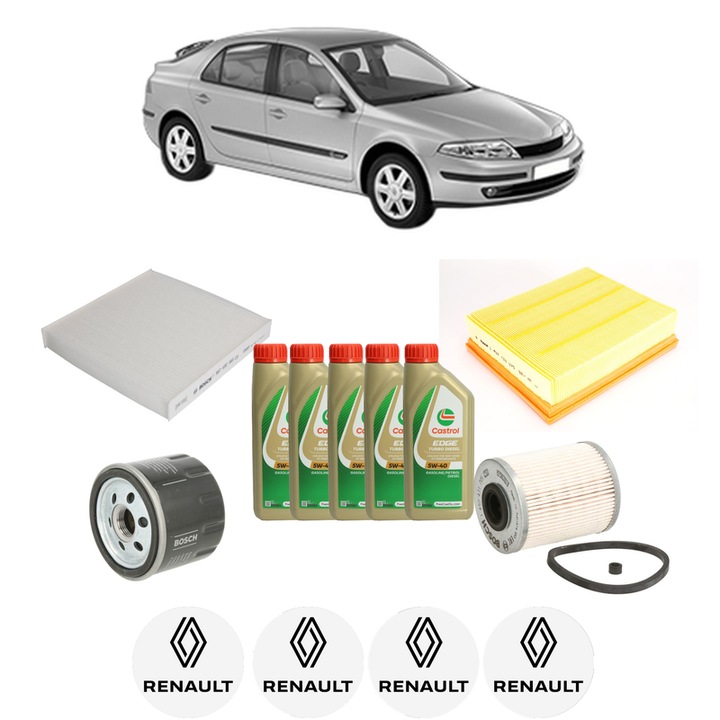 Pachet filtre revizie Bosch, 5 litrii ulei Castrol 5W40 RENAULT LAGUNA II (BG0/1_) 1.9 dCi (BG13) din 2005-2007, 4x Stickere auto cu RENAULT