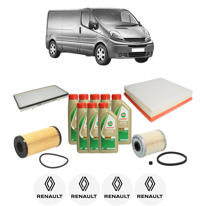 Pachet filtre revizie Bosch, 8 litrii ulei Castrol 5W40 RENAULT TRAFIC II Van (FL) 2.0 dCi 90 (FL0H, FL00, FL01, FL0M, FL0P, FL0S) din 2006, 4x Stickere auto cu RENAULT
