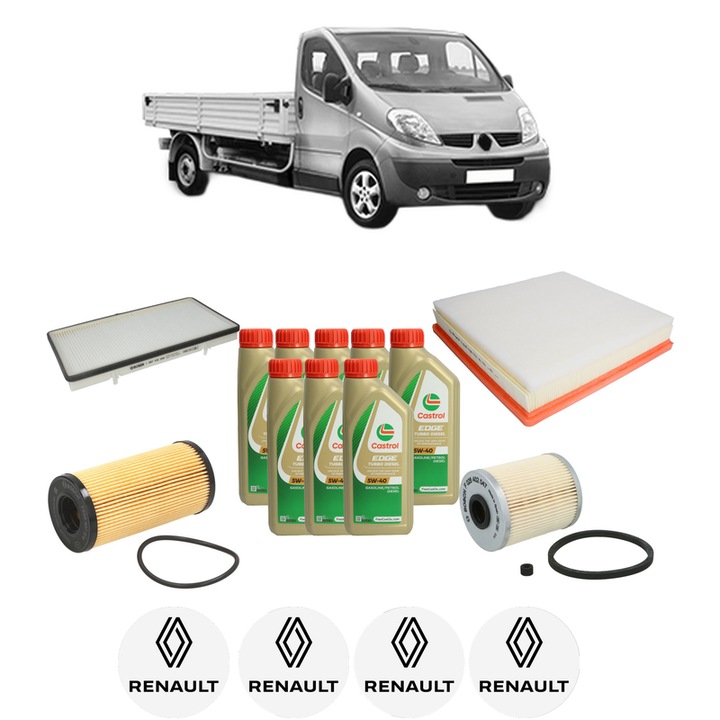 Pachet filtre revizie Bosch, 8 litrii ulei Castrol 5W40 RENAULT TRAFIC II Platform/Chassis (EL) 2.0 dCi 115 (EL0H, EL00, EL01, EL0M) din 2006, 4x Stickere auto cu RENAULT