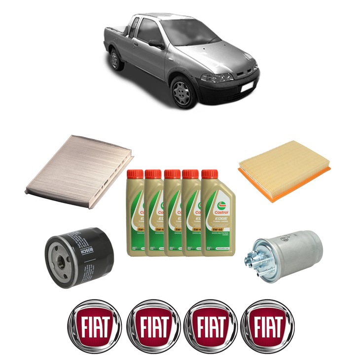 Pachet filtre revizie Bosch, 5 litrii ulei Castrol 5W40 FIAT STRADA Pickup (178_, 278_) 1.9 D din 2000, 4x Stickere auto cu FIAT