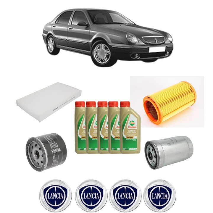 Pachet filtre revizie Bosch, 5 litrii ulei Castrol 5W40 LANCIA LYBRA (839_) 1.9 JTD (839AXI1A) din 2000-2001, 4x Stickere auto cu LANCIA