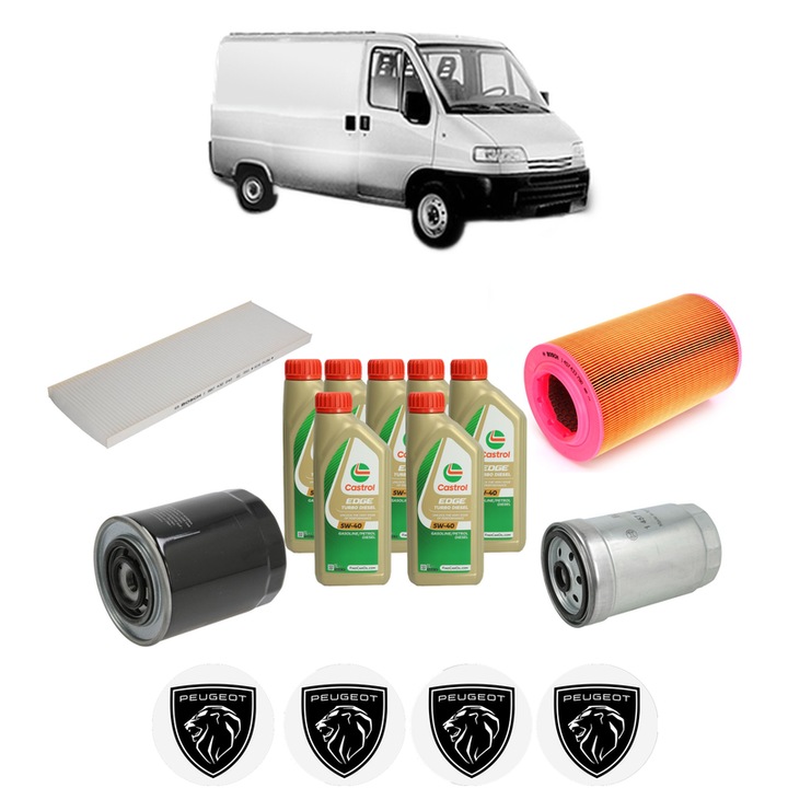 Pachet filtre revizie Bosch, 7 litrii ulei Castrol 5W40 PEUGEOT BOXER Van (230L) 2.8 HDi 4x4 din 2000-2001, 4x Stickere auto cu PEUGEOT