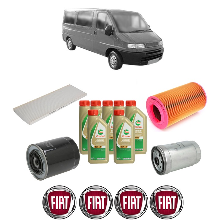 Pachet filtre revizie Bosch, 7 litrii ulei Castrol 5W40 FIAT DUCATO Bus (230_) 2.8 JTD 4x4 din 2000-2002, 4x Stickere auto cu FIAT