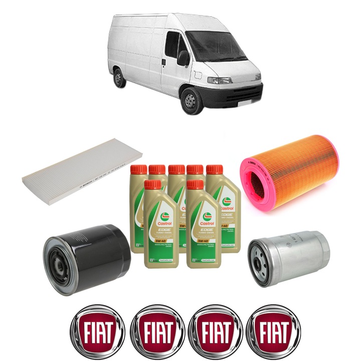 Pachet filtre revizie Bosch, 7 litrii ulei Castrol 5W40 FIAT DUCATO Van (230_) 2.8 JTD din 2000-2002, 4x Stickere auto cu FIAT