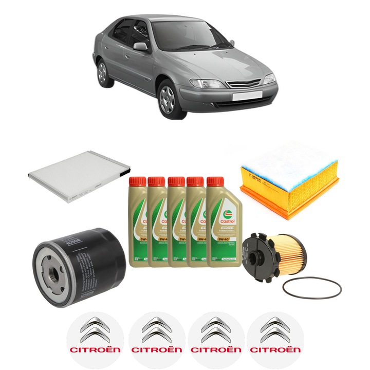 Pachet filtre revizie Bosch, 5 litrii ulei Castrol 5W40 CITROEN XSARA (N1) 1.9 D din 2000-2005, 4x Stickere auto cu CITROEN