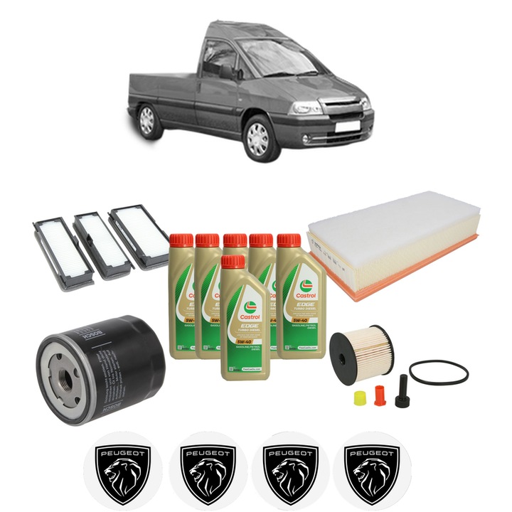 Pachet filtre revizie Bosch, 6 litrii ulei Castrol 5W40 PEUGEOT EXPERT Platform/Chassis (223) 2.0 HDi din 2000-2006, 4x Stickere auto cu PEUGEOT