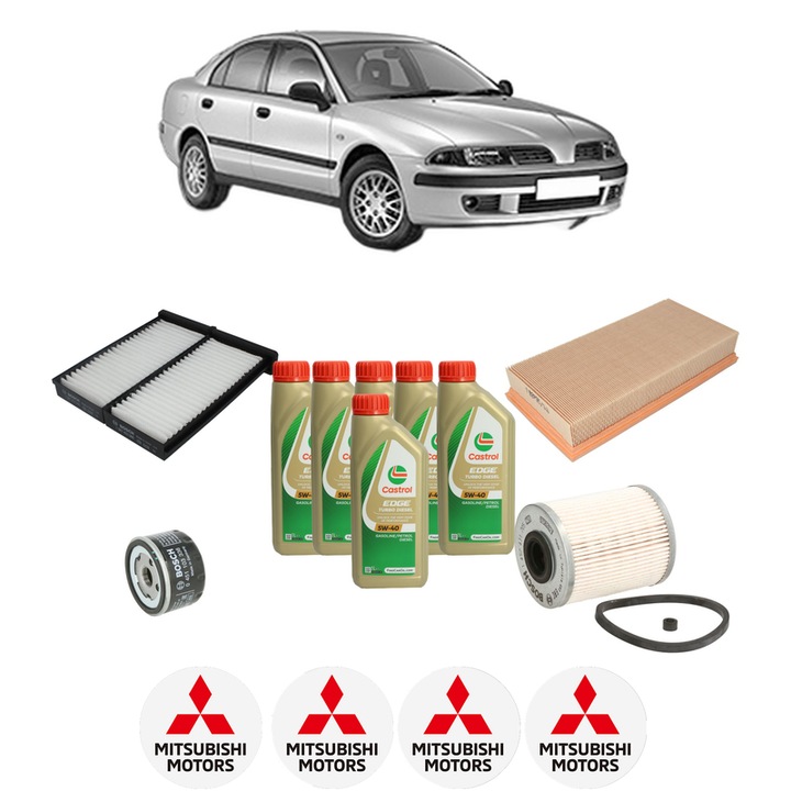 Pachet filtre revizie Bosch, 6 litrii ulei Castrol 5W40 MITSUBISHI CARISMA (DA_) 1.9 DI-D (DA5A) din 2000-2006, 4x Stickere auto cu MITSUBISHI