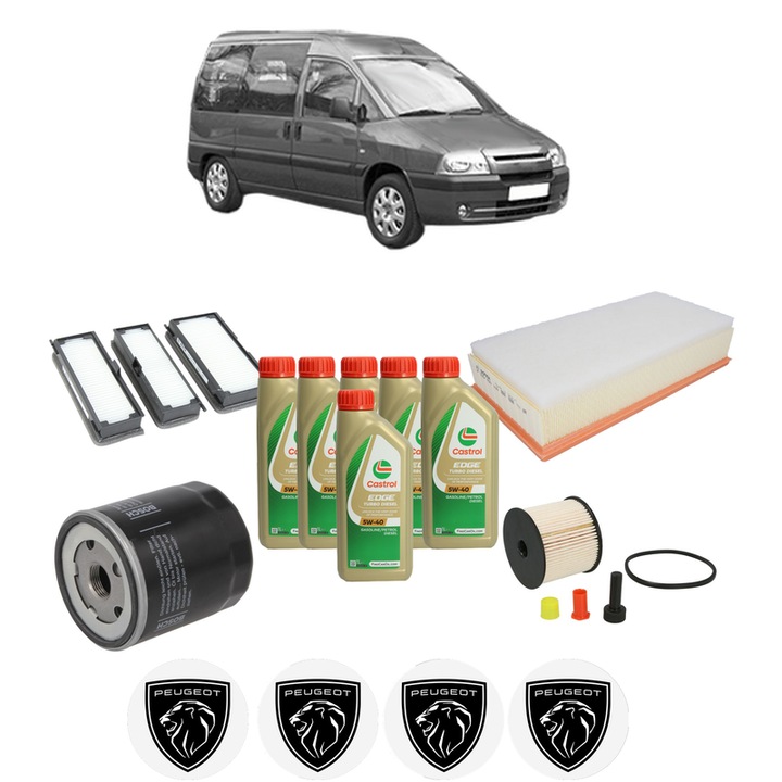 Pachet filtre revizie Bosch, 6 litrii ulei Castrol 5W40 PEUGEOT EXPERT (224_) 2.0 HDi din 2000-2006, 4x Stickere auto cu PEUGEOT