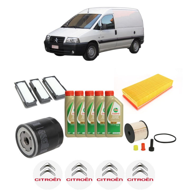 Pachet filtre revizie Bosch, 5 litrii ulei Castrol 5W40 CITROEN JUMPY I (U6U_) 2.0 HDi 110 din 2000-2006, 4x Stickere auto cu CITROEN