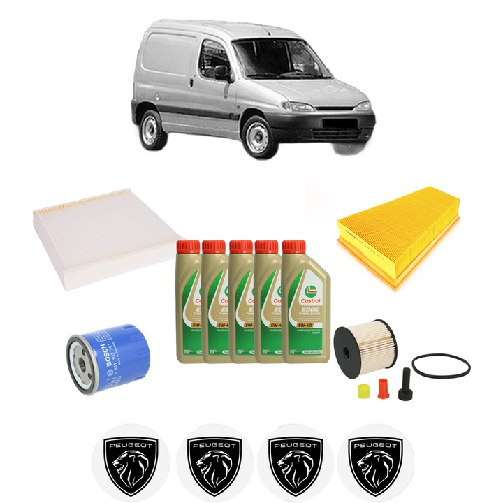 Pachet filtre revizie Bosch, 5 litrii ulei Castrol 5W40 PEUGEOT PARTNER Box Body/MPV (5_, G_) 2.0 HDi din 2000-2008, 4x Stickere auto cu PEUGEOT