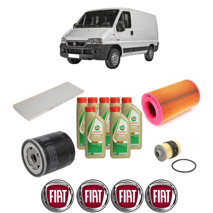 Pachet filtre revizie Bosch, 7 litrii ulei Castrol 5W40 FIAT DUCATO Bus (244_) 2.0 JTD din 2001-2006, 4x Stickere auto cu FIAT