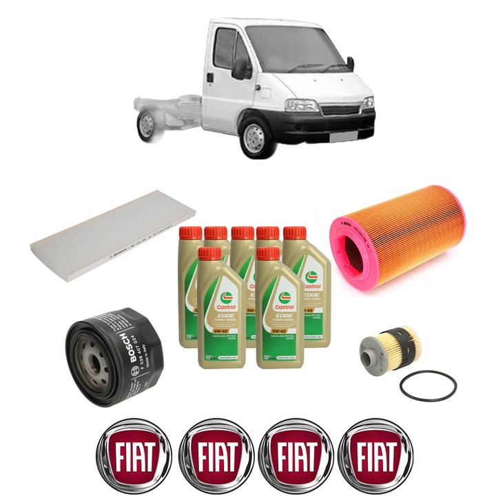 Pachet filtre revizie Bosch, 7 litrii ulei Castrol 5W40 FIAT DUCATO Platform/Chassis (244_) 2.3 JTD din 2001-2006, 4x Stickere auto cu FIAT
