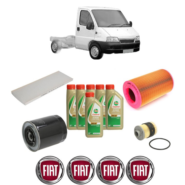 Pachet filtre revizie Bosch, 6 litrii ulei Castrol 5W40 FIAT DUCATO Platform/Chassis (244_) 2.8 JTD din 2001-2006, 4x Stickere auto cu FIAT