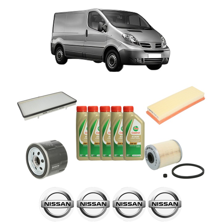 Pachet filtre revizie Bosch, 5 litrii ulei Castrol 5W40 NISSAN PRIMASTAR Van (X83) 1.9 dCi 80 din 2002, 4x Stickere auto cu NISSAN