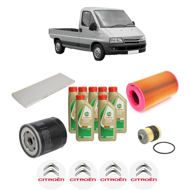 Pachet filtre revizie Bosch, 7 litrii ulei Castrol 5W40 CITROEN JUMPER I Platform/Chassis (244) 2.2 HDi din 2002-2006, 4x Stickere auto cu CITROEN