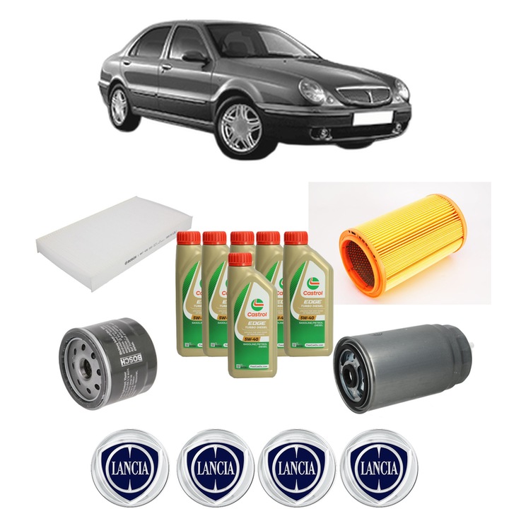 Pachet filtre revizie Bosch, 6 litrii ulei Castrol 5W40 LANCIA LYBRA (839_) 2.4 JTD (839.AXE1A) din 2002-2005, 4x Stickere auto cu LANCIA